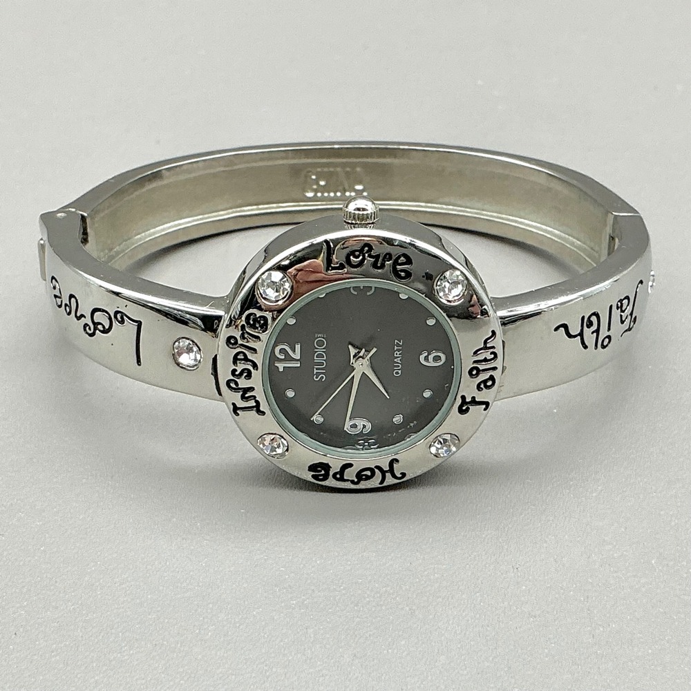 Studio Time Watch Womens Inspirational Silver Cuff Crystal 42mm NEW BATTERY